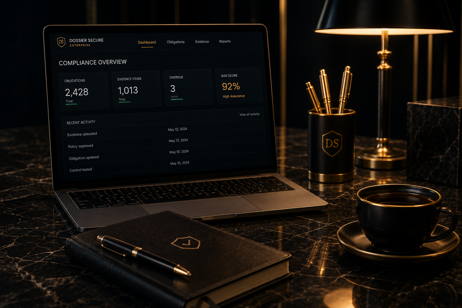 Dossier Secure Enterprise workspace with the product visible on a laptop